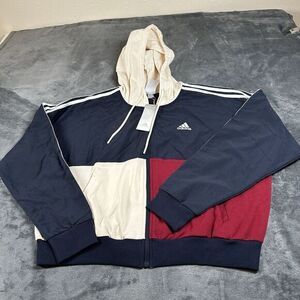 Adidas Essentials Track Sweater Women‎ Small Navy Beige Full Zip Hooded New